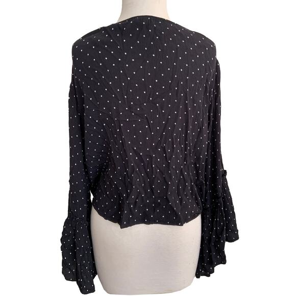 Billabong Lust Wild Blouse Top Flared Sleeve Black Polka Dot Button Down Tie L - Picture 6 of 8